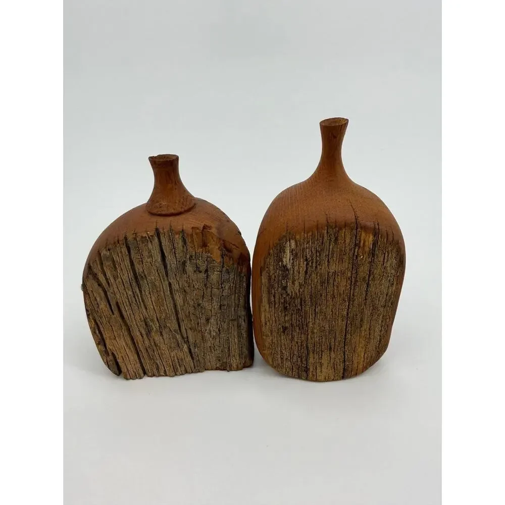 Studio Art Pottery Wood Bud Vase Set Signed Jabeh Hand Carved Rustic Wood Vases